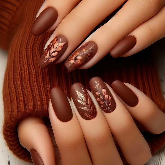 Autumn Elegance Long Oval Matte Brown Nail Set with Delicate Floral Designs