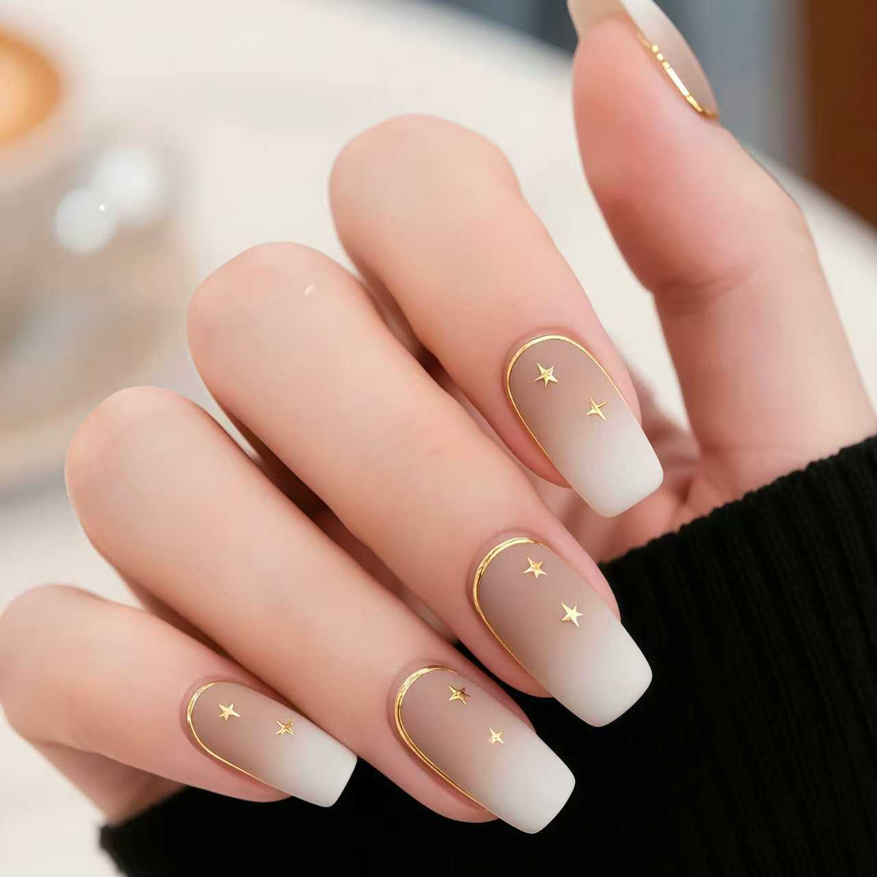 Celestial Elegance Long Square Ombre White and Beige Press On Nail Set with Star Accents