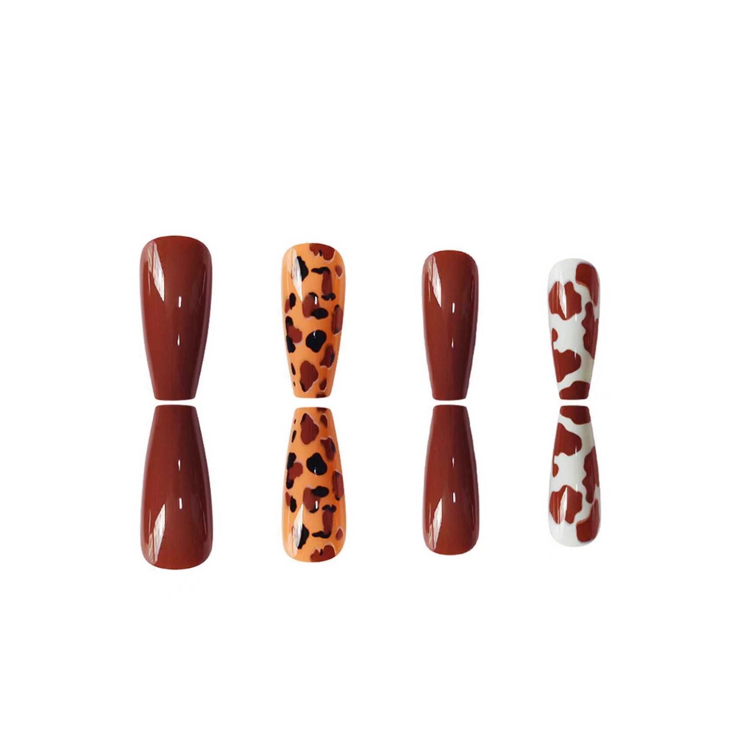 Wild West Chic Long Coffin Rust Brown and Leopard Print Press On Nail Set for Bold Style