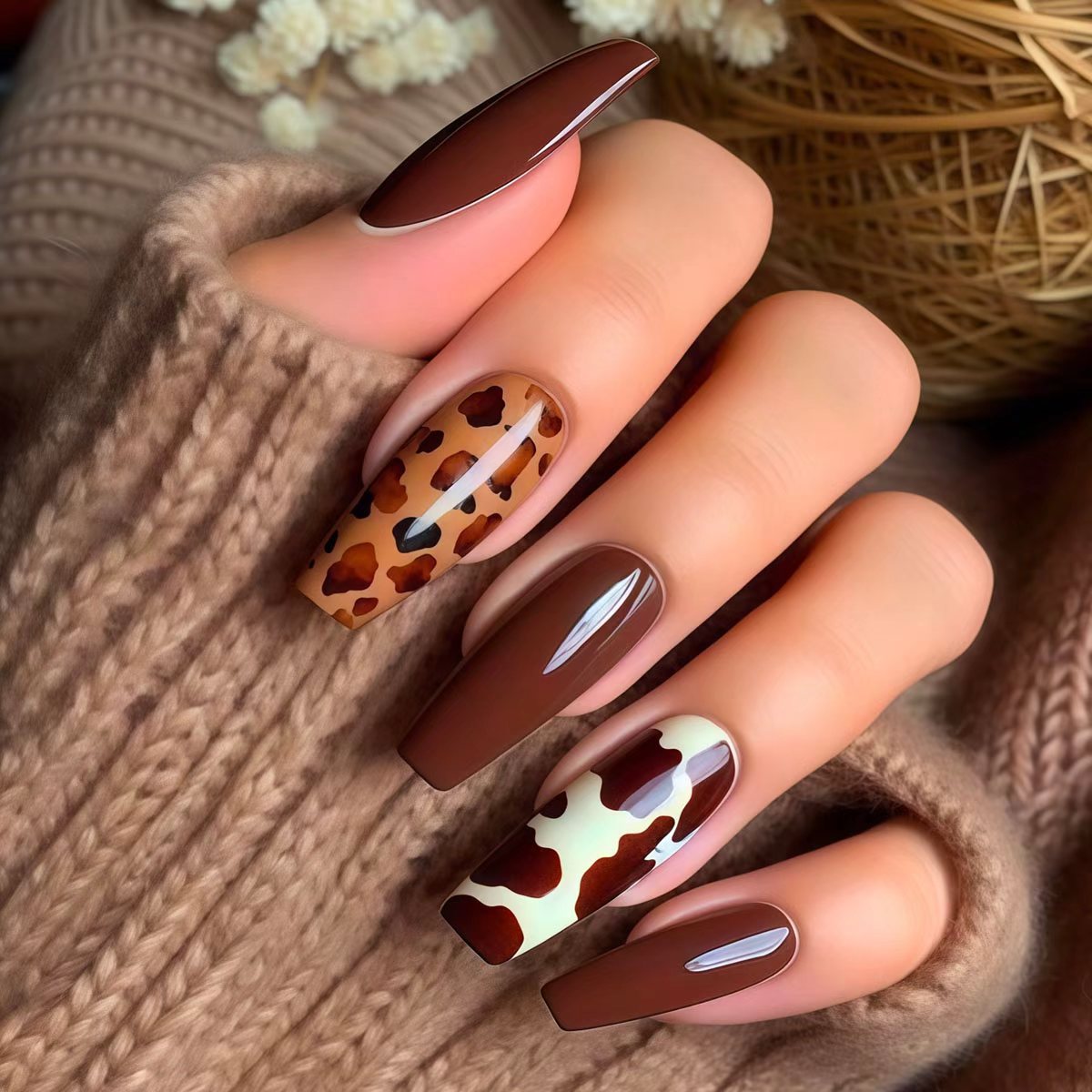 Rustic Charm Long Coffin Brown and Tan with Chic Cow Print Accent Nail Set