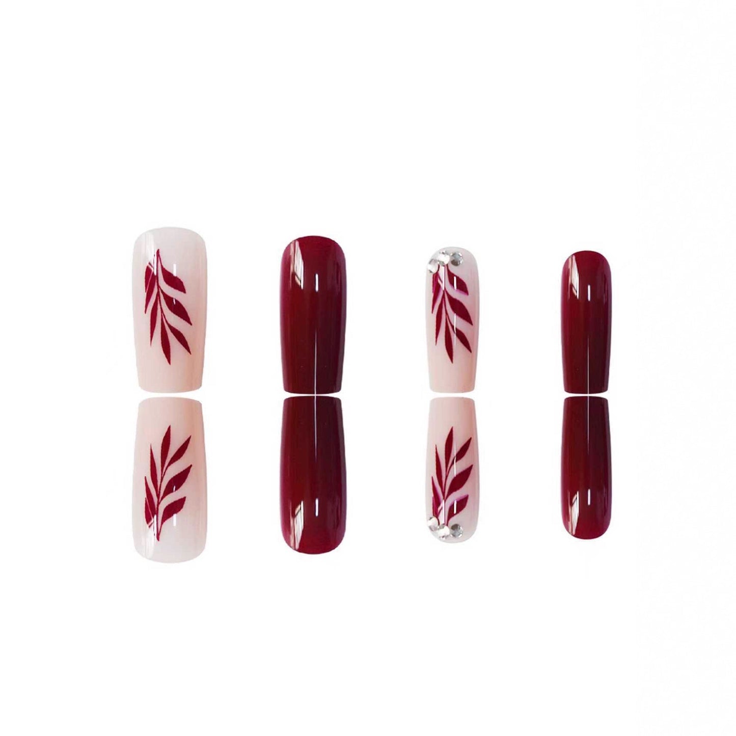 Autumn Enchantment Long Square Burgundy and Blush Nails with Leaf Art Design and Sparkling Accent