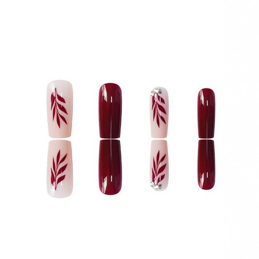 Autumn Enchantment Long Square Burgundy and Blush Nails with Leaf Art Design and Sparkling Accent