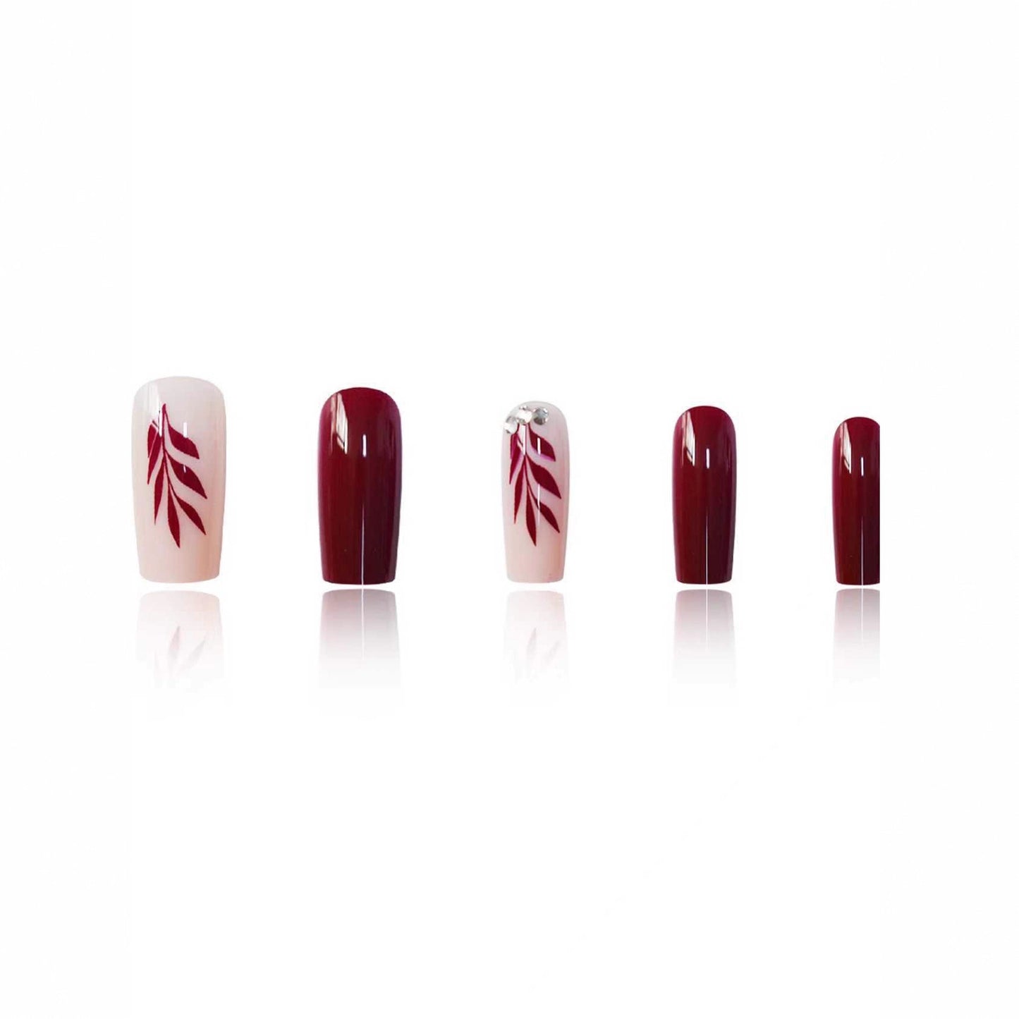Autumn Elegance Long Square Burgundy and Pink Nails with Leaf Design and Accent Rhinestone