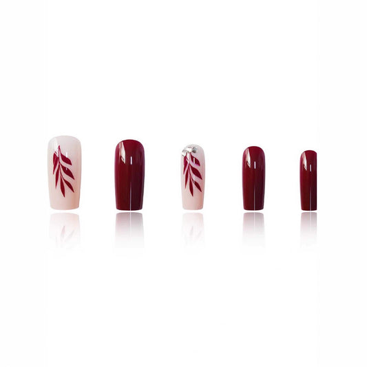 Autumn Elegance Long Square Burgundy and Pink Nails with Leaf Design and Accent Rhinestone