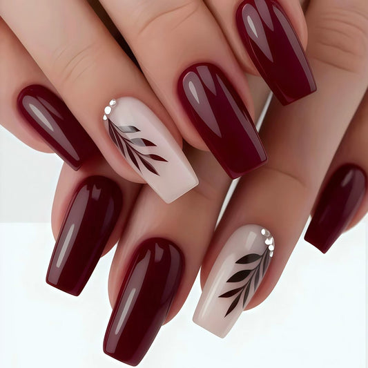 Elegant Enchantment Long Square Burgundy and Beige Press On Nail Set with Leaf and Crystal Accents