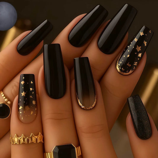 Celestial Glamour Long Square Black Press On Nail Set with Starry Golden Accents