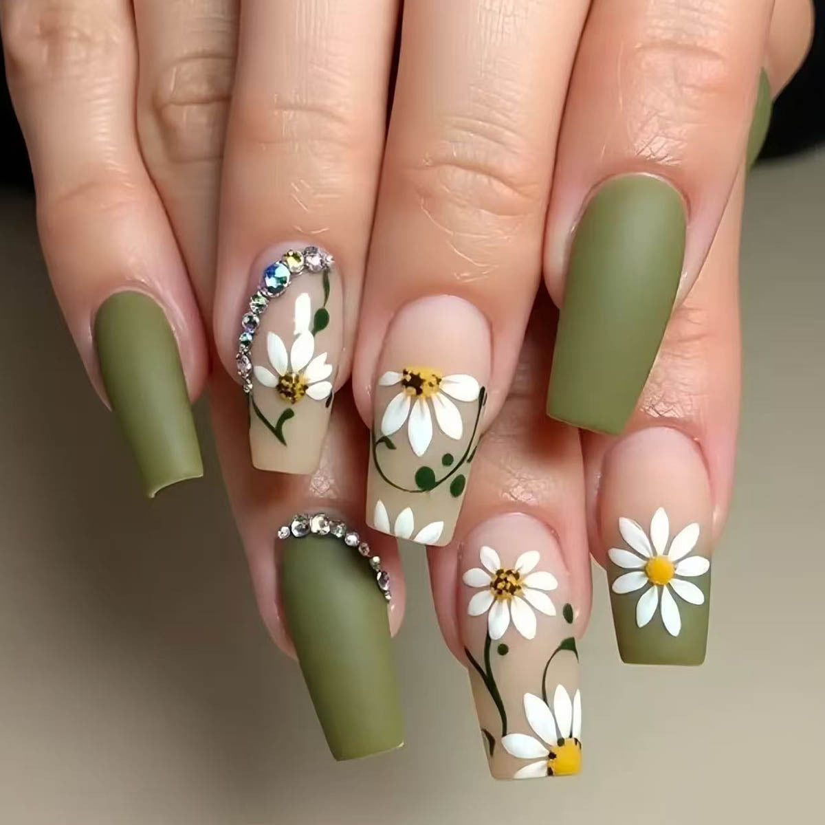 Whimsical Garden Inspired Long Square Olive Green Press On Nail Set with Floral Accents and Sparkling Embellishments