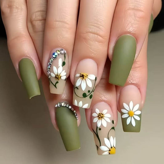 Whimsical Garden Inspired Long Square Olive Green Press On Nail Set with Floral Accents and Sparkling Embellishments