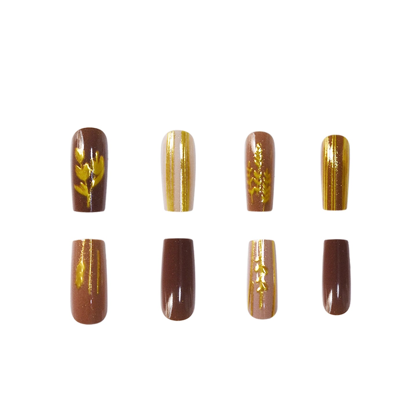 Autumn Harvest Long Square Brown Press On Nail Set with Elegant Golden Accents