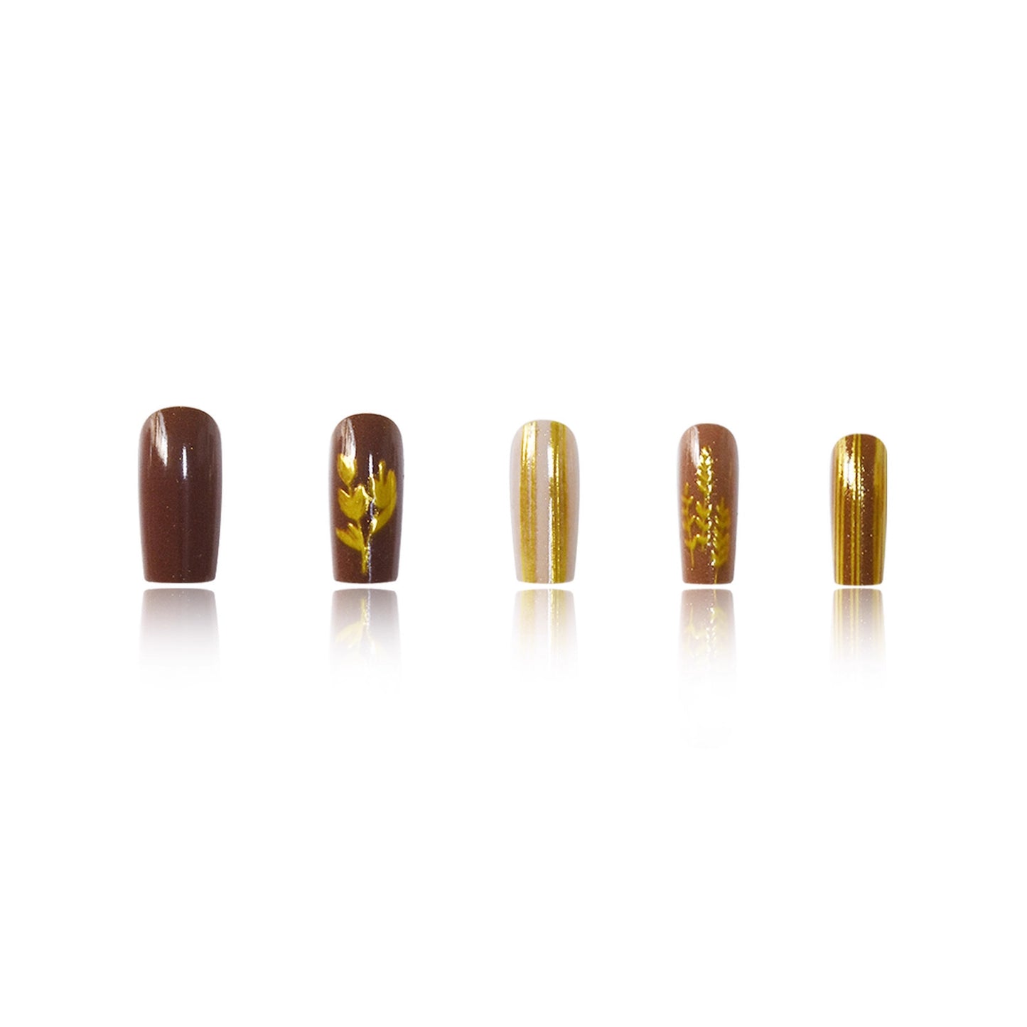 Autumn Elegance Long Square Brown and Gold Ombre with Leaf Design Press-On Nail Set