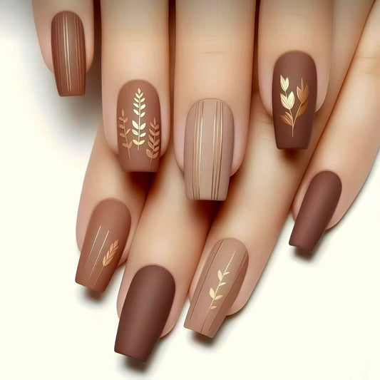 Autumn Elegance Long Square Matte Brown Press On Nail Set with Delicate Gold Floral Accents