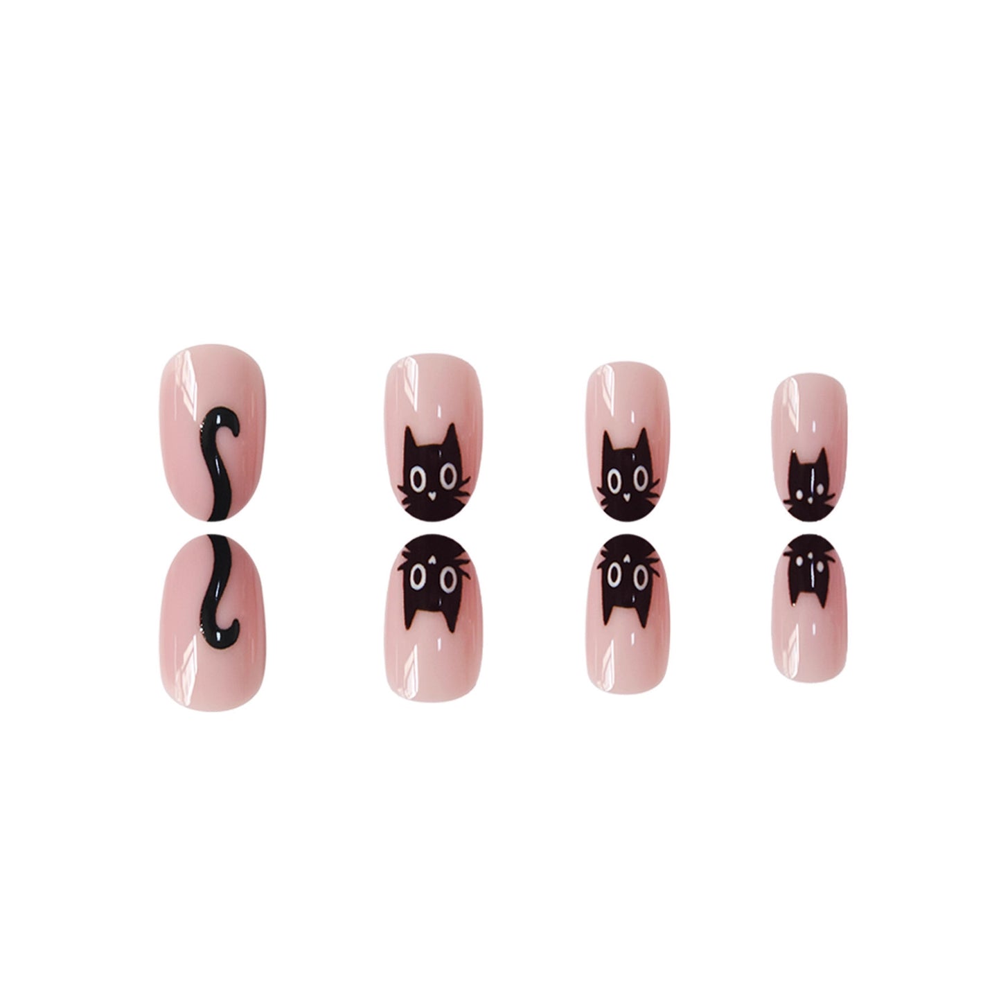 Whimsical Cat Inspired Glossy Short Oval Pink Nail Set Featuring Playful Black Cat Designs
