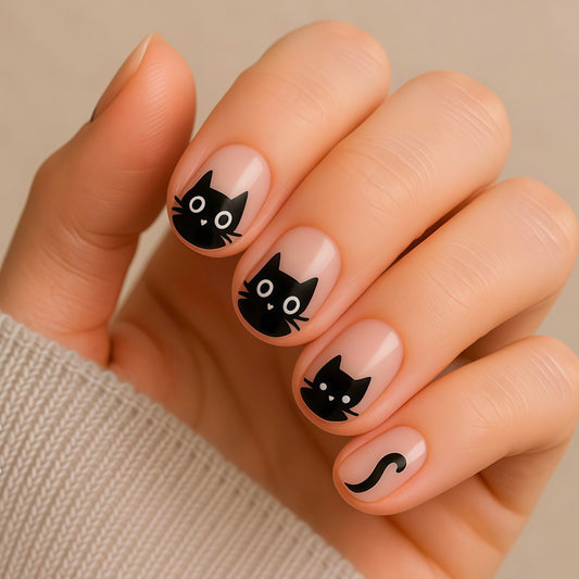 Whimsical Cat Theme Short Round Black Press On Nail Set Featuring Adorable Cat Faces