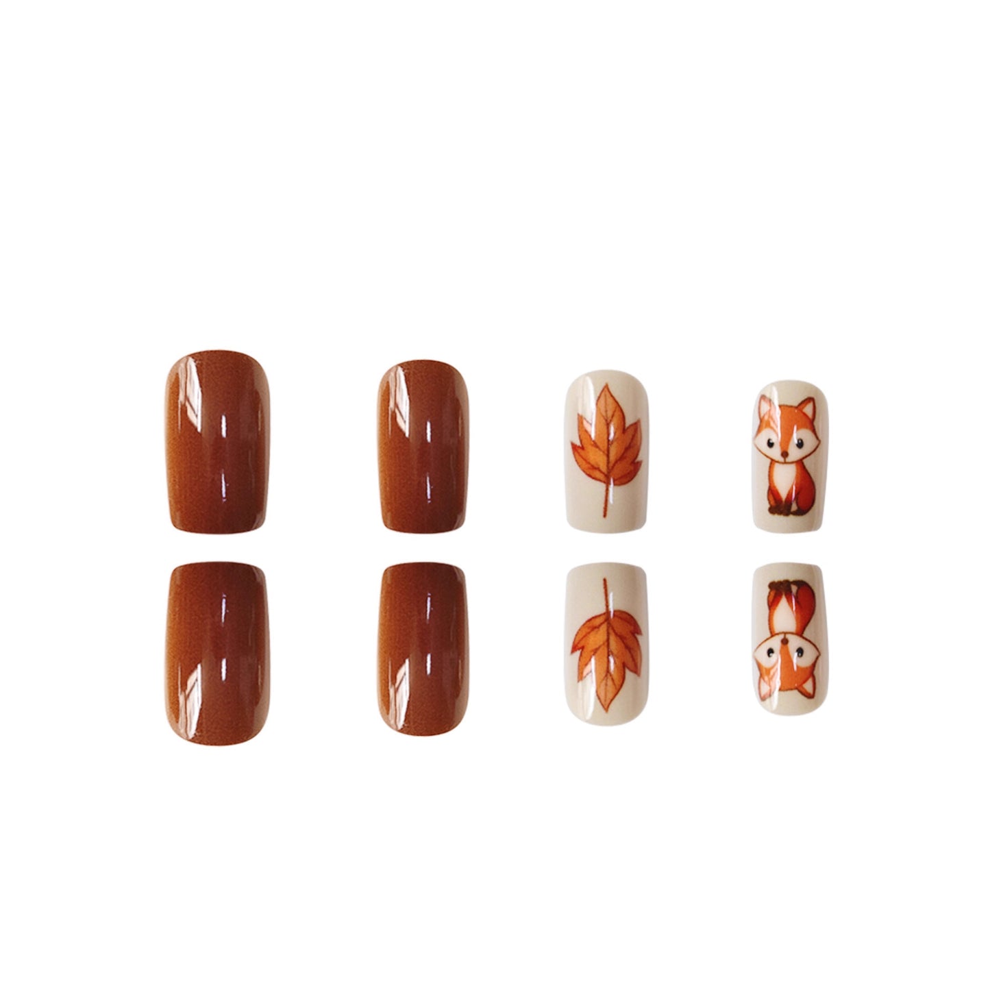 Autumn Enchantment Glossy Medium Square Brown and Cream with Whimsical Fox and Leaf Designs Press on Nail Set