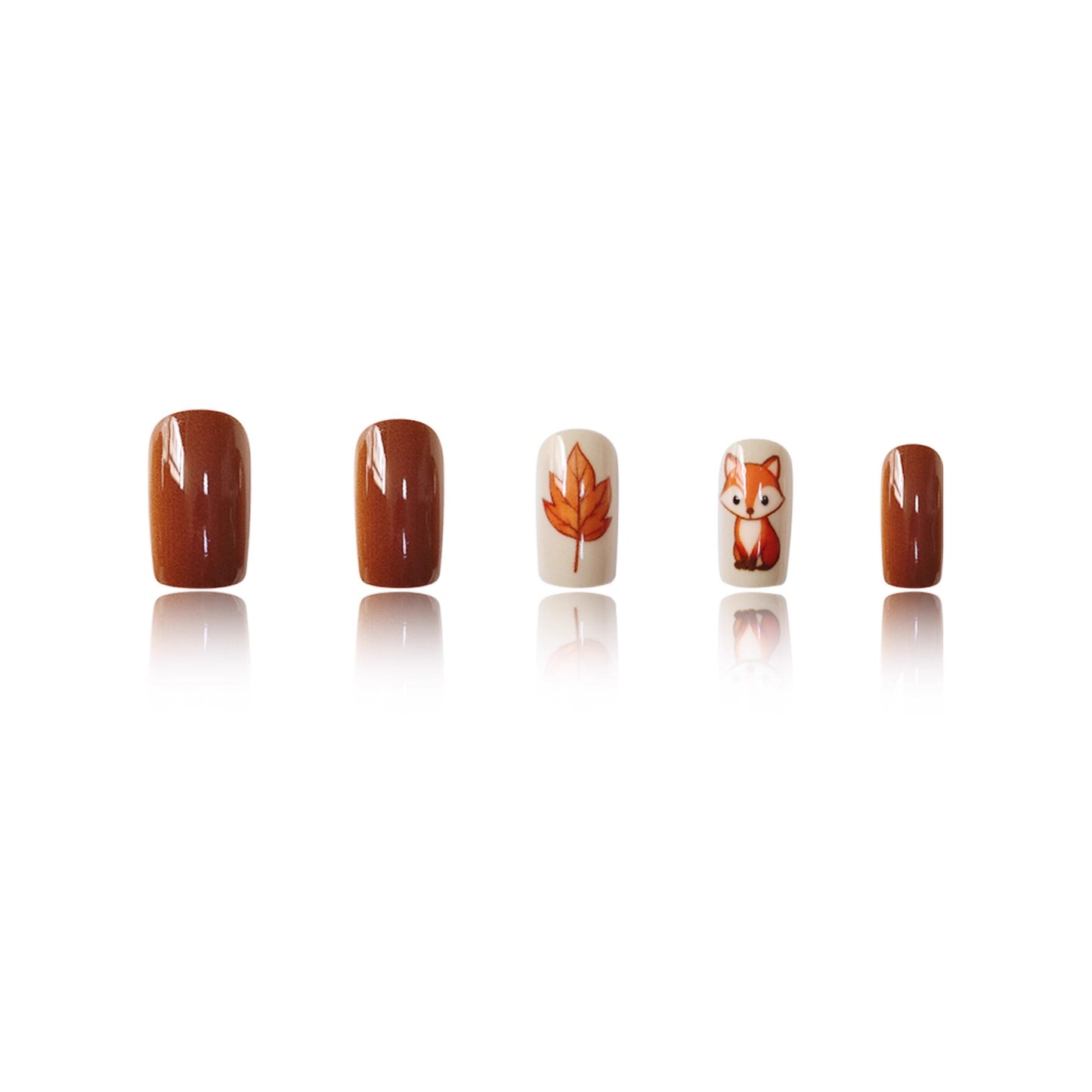Autumn Whimsy Beautifully Medium Square Shaped Warm Brown with Charming Fox and Leaf Designs Press on Nail Set