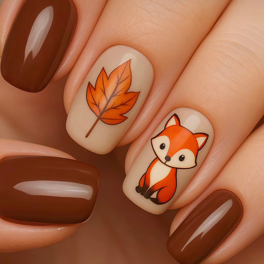 Autumn Wonderland Medium Square Brown and Beige Nails with Adorable Fox and Leaf Designs