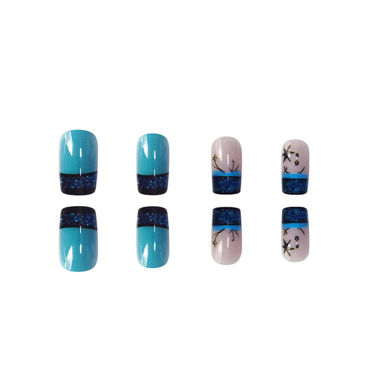 Celestial Dreaming Medium Square Aqua and Blue Press-On Nail Set with Glitter Accents