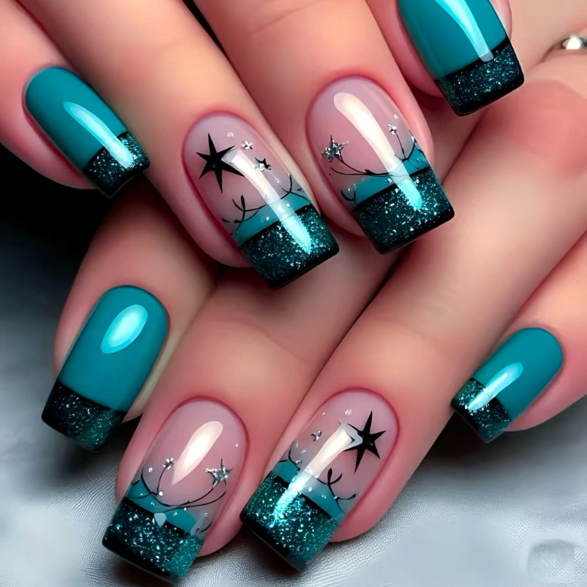 Celestial Dream Press On Nail Set Medium Square Teal with Glitter Starry Design