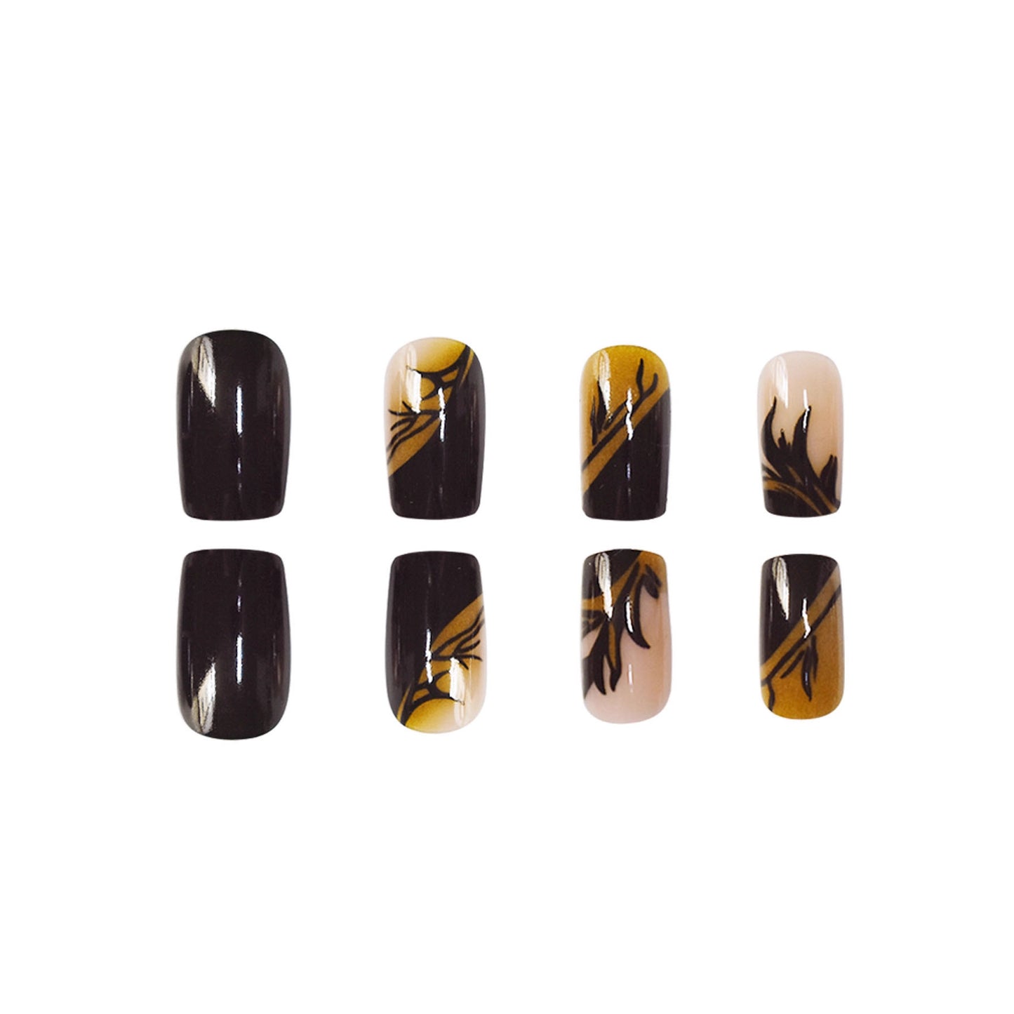 Elegant Autumn Vibes Medium Square Black and Gold Floral Press On Nail Set