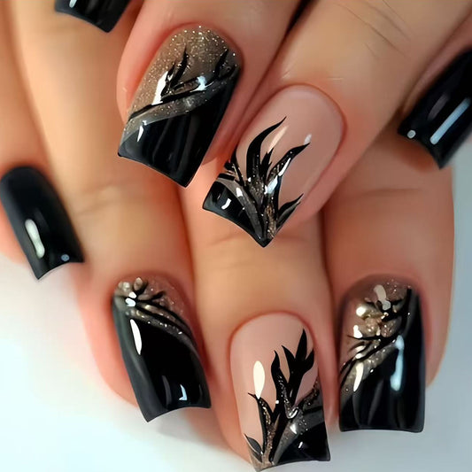 Mystical Elegance Medium Square Black with Glitter and Floral Design Press-On Nail Set