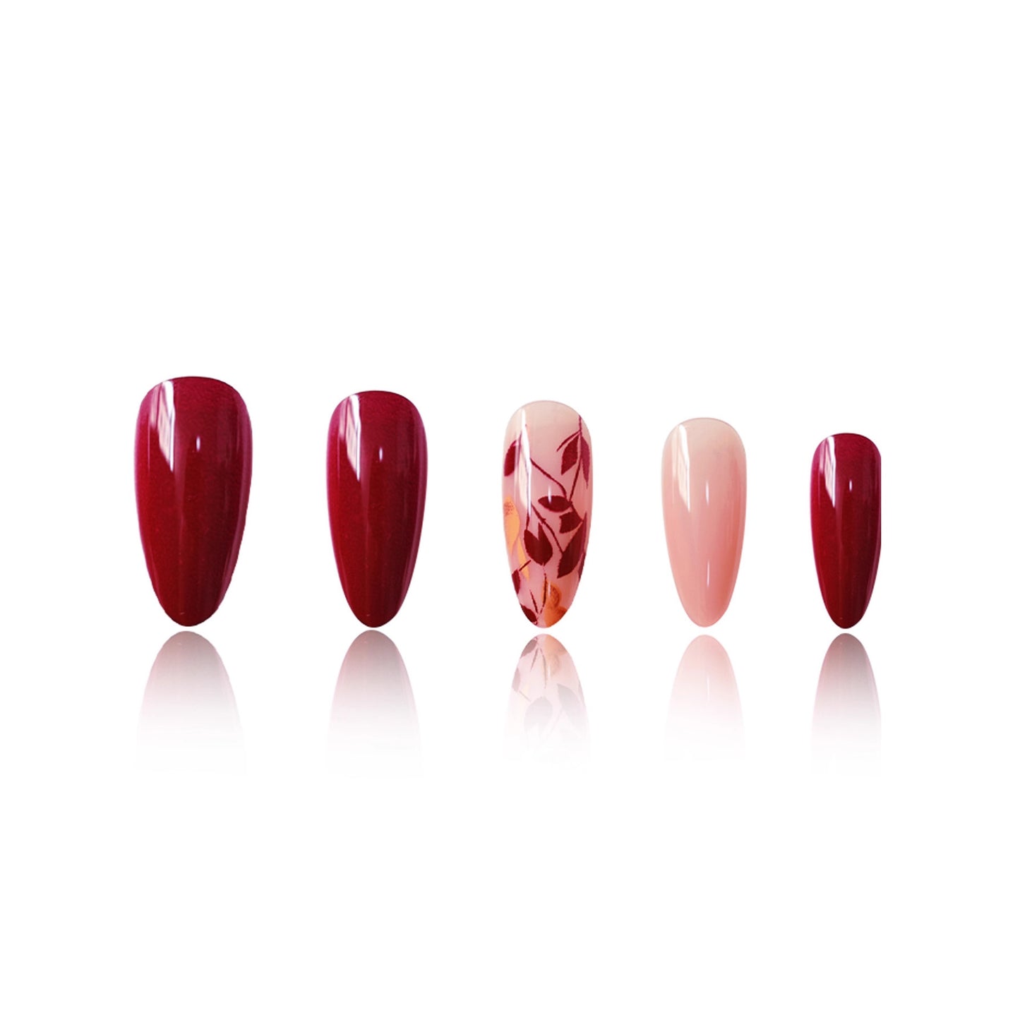 Autumn Elegance Long Almond Glossy Crimson and Blush Floral Press-On Nail Set