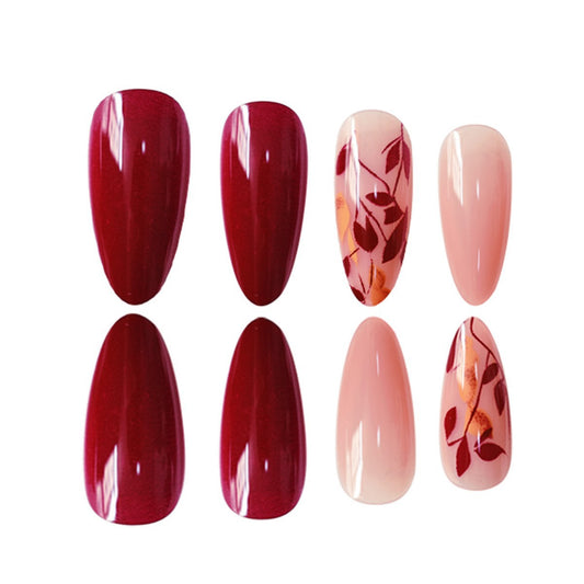 Autumn Elegance Long Almond Red and Pink Press On Nail Set with Botanical Design