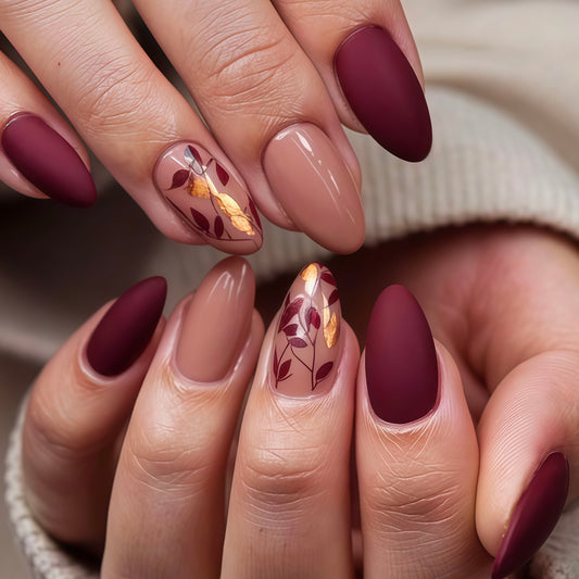 Autumn Bliss Long Almond Burgundy and Beige Press On Nail Set with Elegant Leaf Design