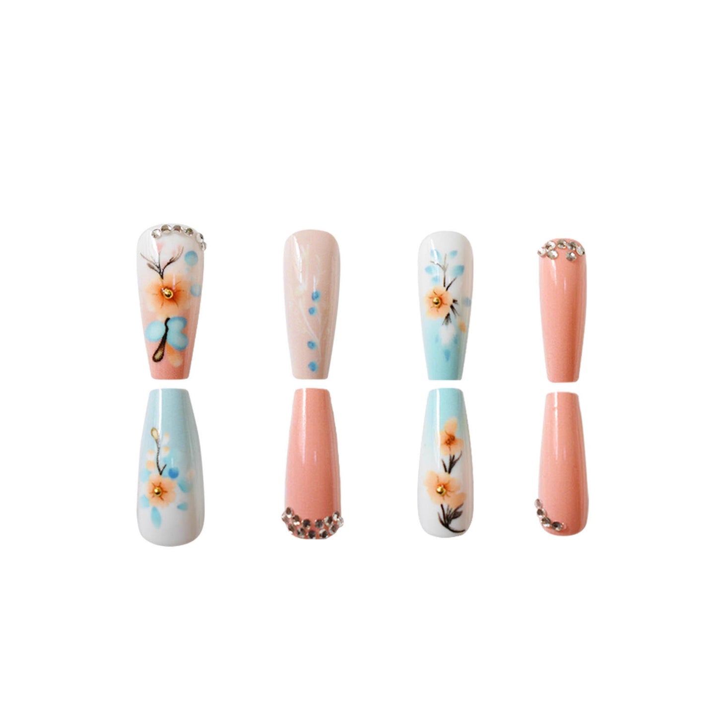 Blossom Breeze Elegant Long Coffin Shaped Pastel Blue and Pink Press on Nail Set with Floral Art and Rhinestone Accents