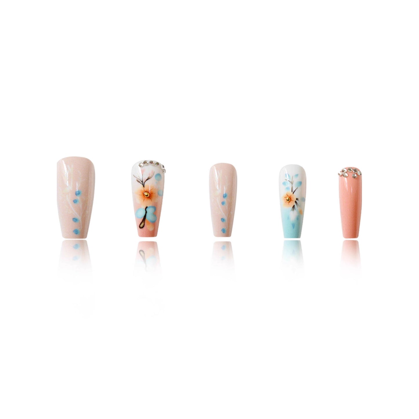 Floral Dream Long Coffin Soft Pink with Charming Floral Art and Elegant Rhinestone Accent Press On Nail Set