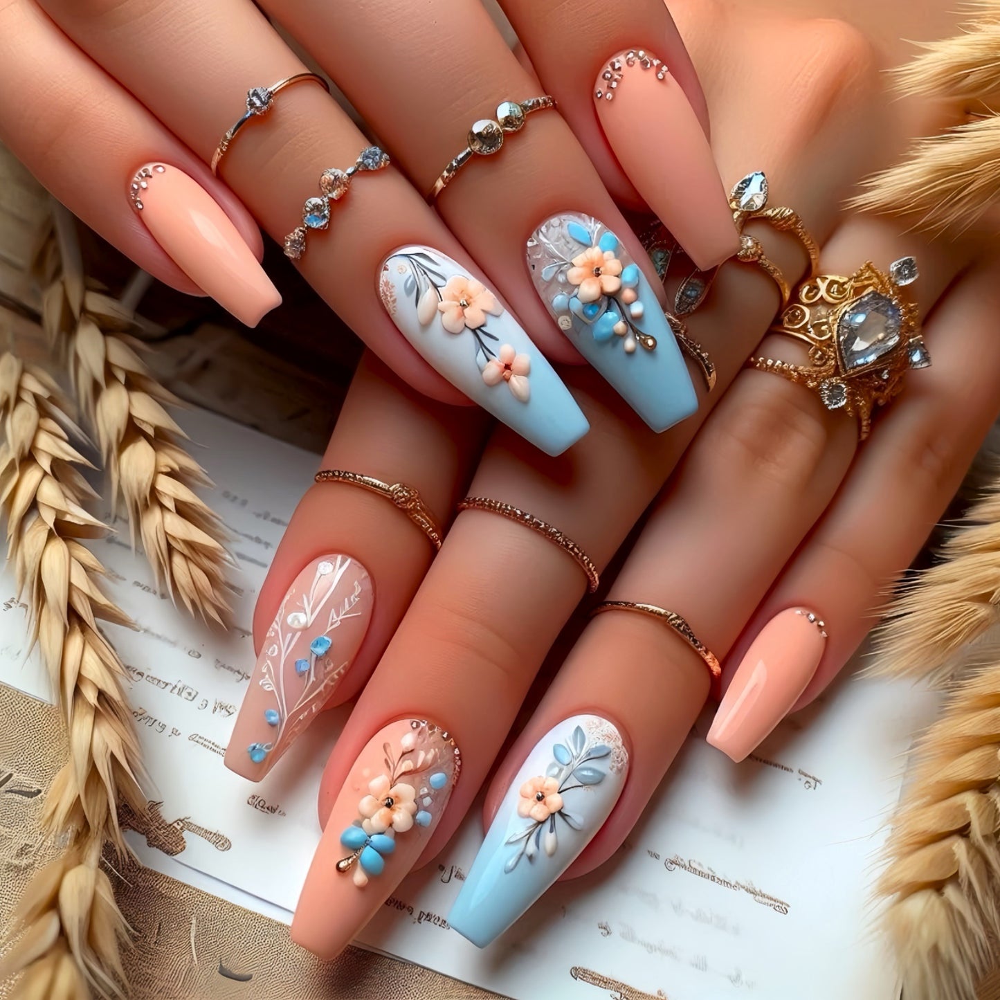 Botanical Bliss Long Coffin Peach and Blue Press On Nail Set with Delicate Floral Accents