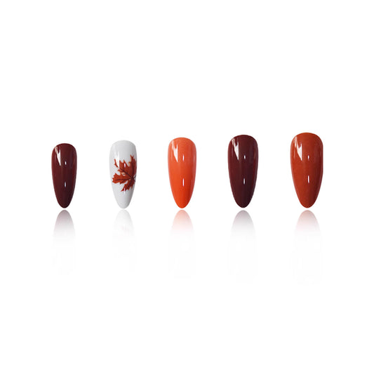 Autumn Elegance Long Almond Burgundy and Orange Gradient with Artistic Leaf Design Press on Nail Set