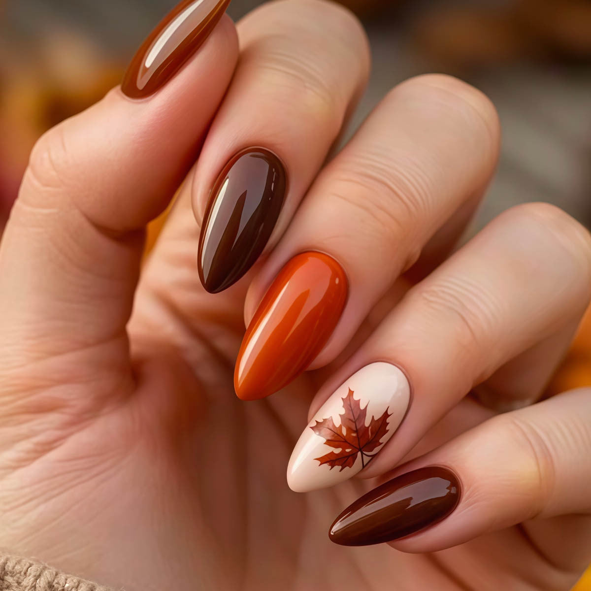 Autumn Elegance Long Almond Brown and Orange Press On Nail Set with Leaf Accent
