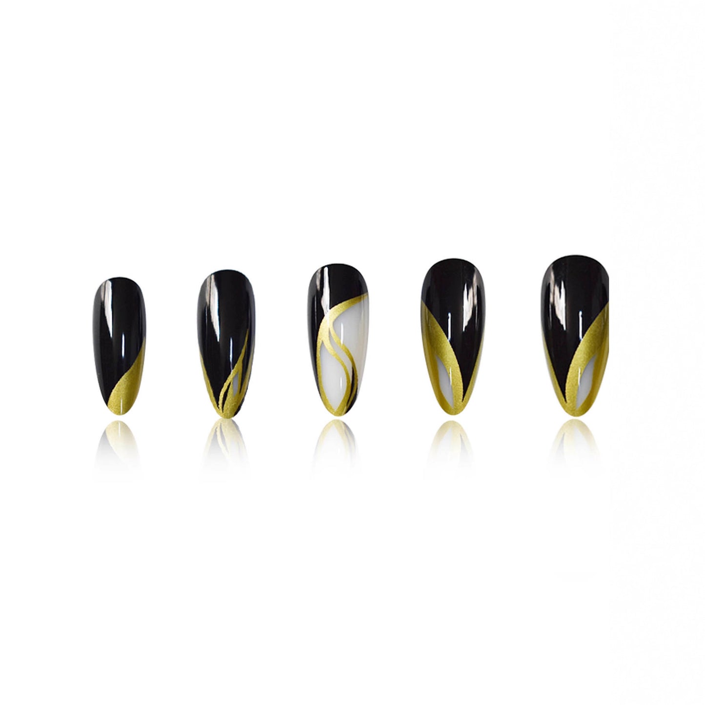 Glamorous Noir Elegance Long Almond Black and Gold Swirl Press-On Nail Set