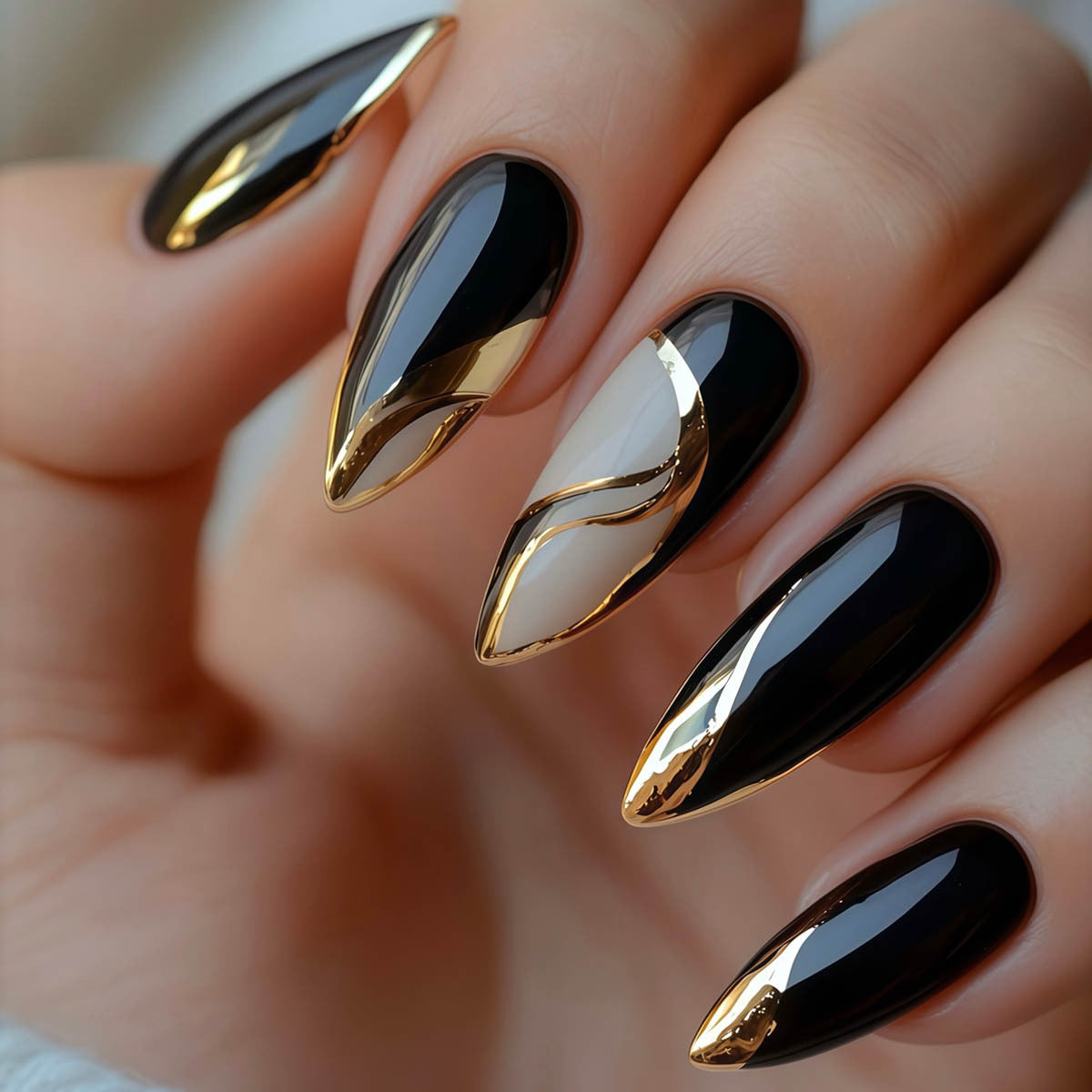 Glamorous Midnight Elegance Long Stiletto Black and Gold Nail Set with Unique Tapered Design