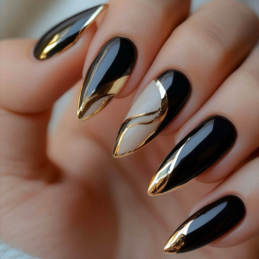 Glamorous Midnight Elegance Long Stiletto Black and Gold Nail Set with Unique Tapered Design