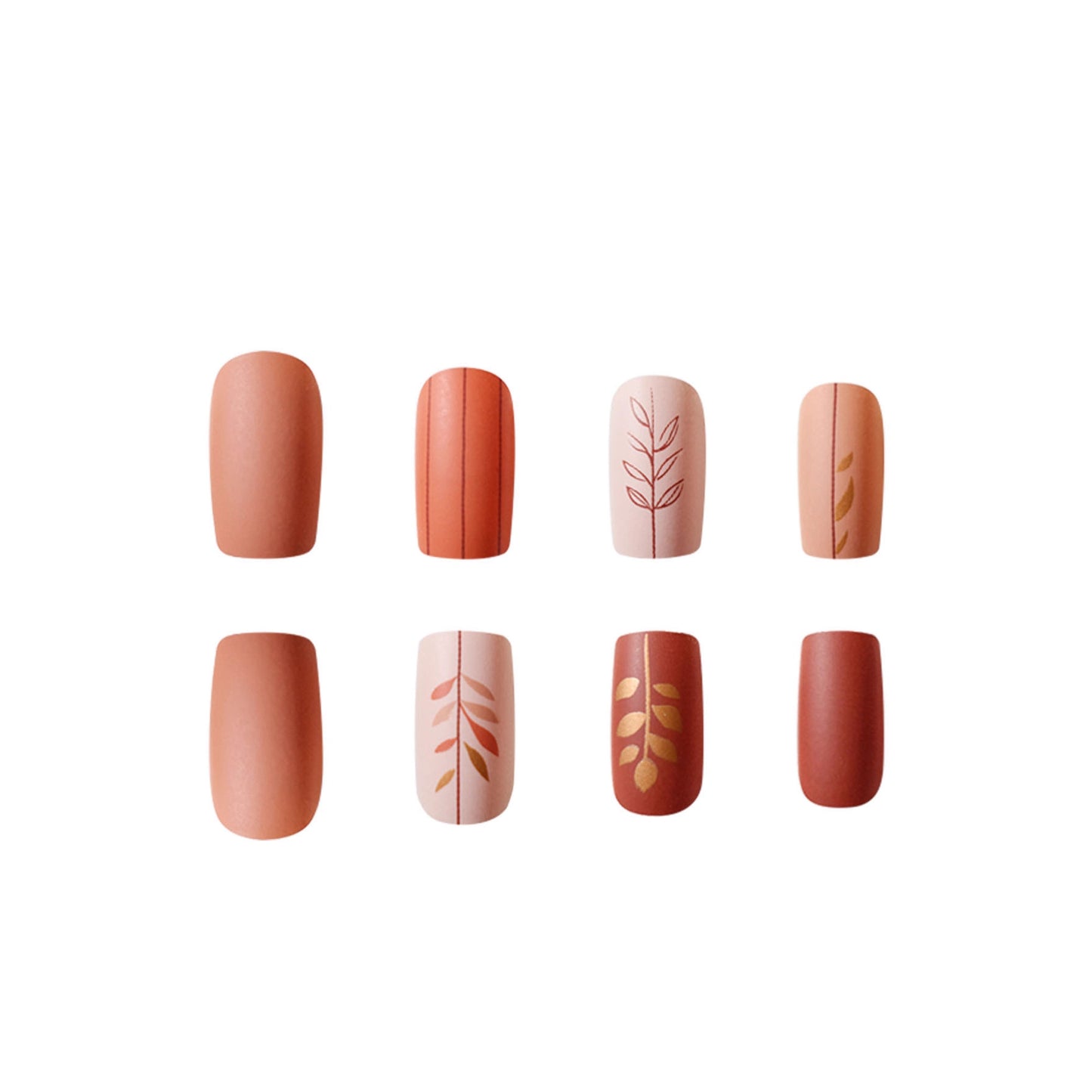 Autumn Escape Matte Medium Square Terracotta with Elegant Leaf Designs Press On Nail Set