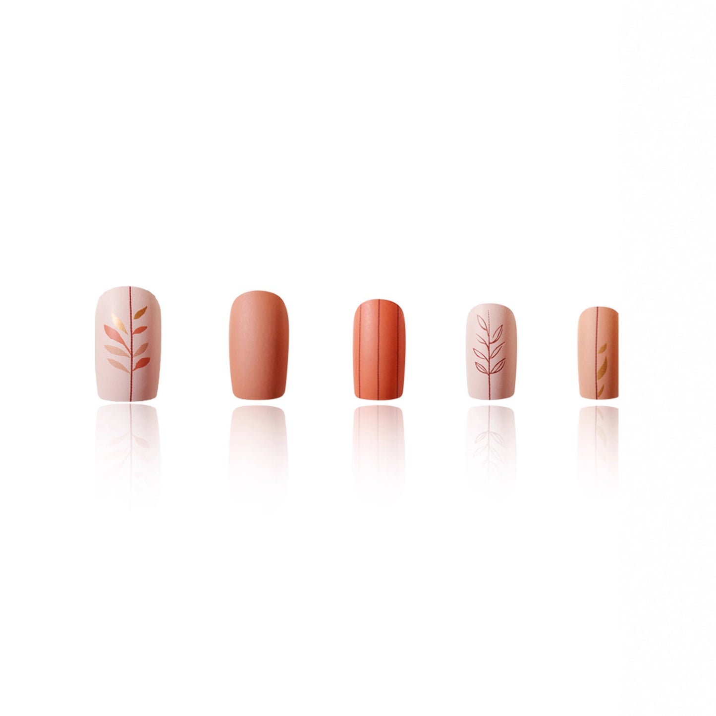 Botanical Bliss Elegant Short Square Peachy Matte Press on Nail Set with Artistic Leaf Designs