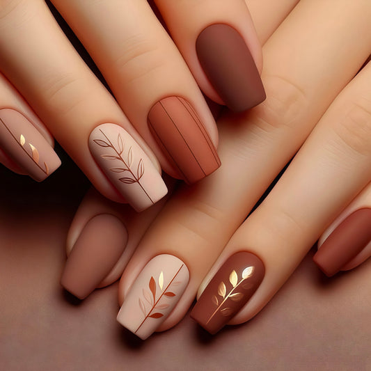 Autumn Elegance Short Square Matte Brown with Delicate Leaf Designs Press-On Nail Set