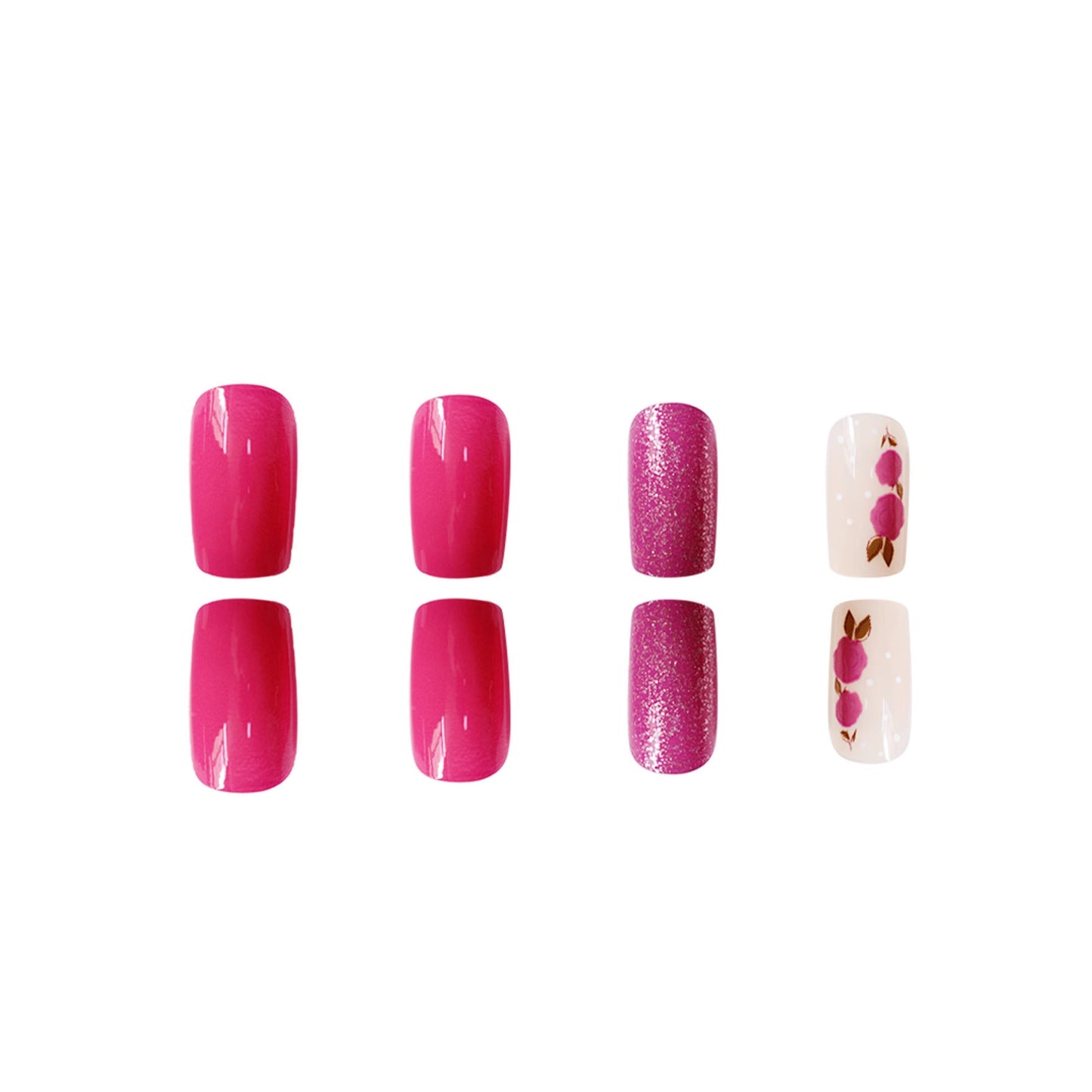 Blossom Dream Press On Nail Set Short Square Bright Pink with Sparkling Gradient and Floral Design