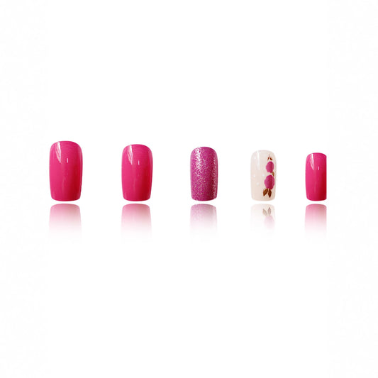 Charming Blossom Short Square Bright Pink with Floral Accent Press-On Nail Set