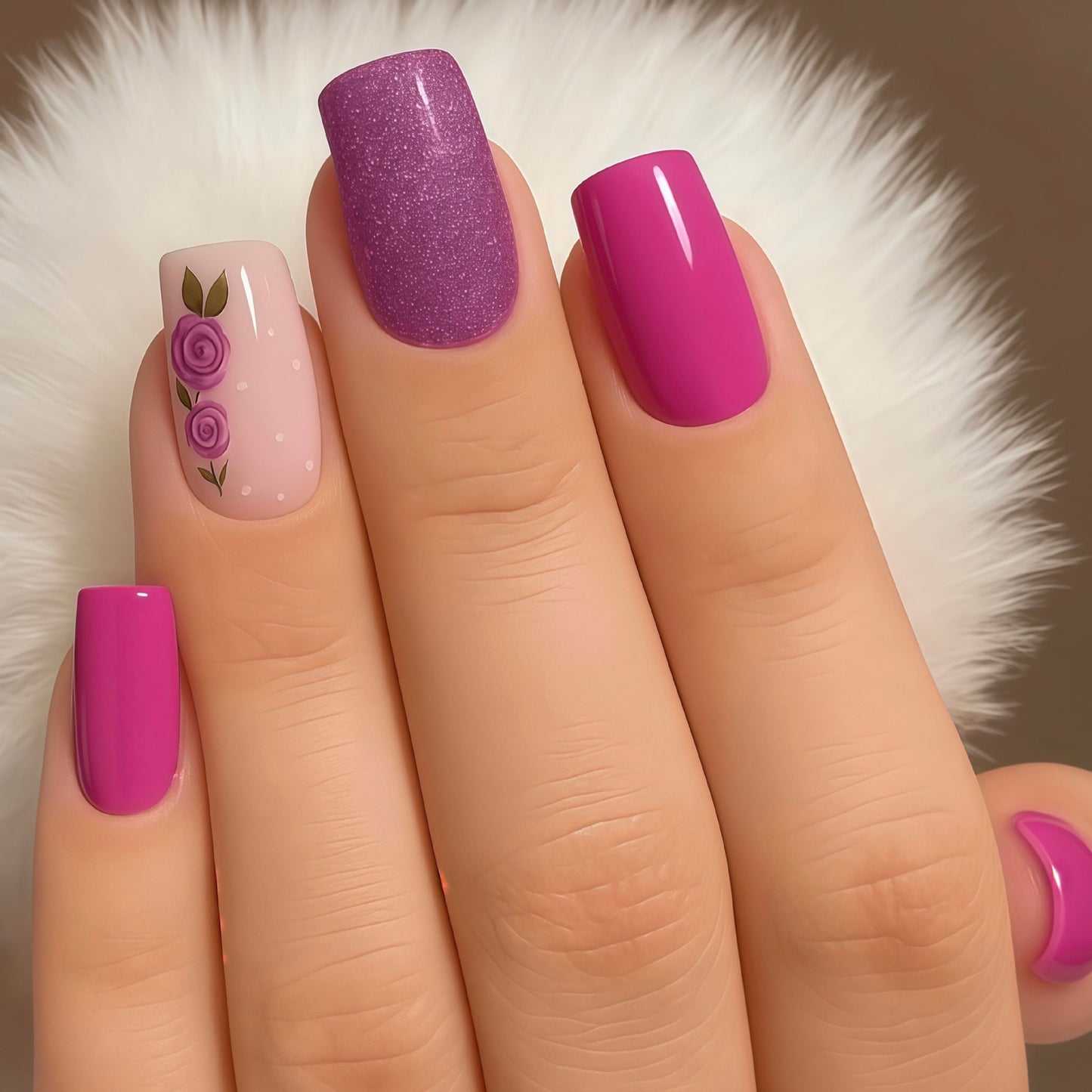Charming Floral Fantasy Short Square Pink and Purple Press On Nail Set with Elegant Rose Design