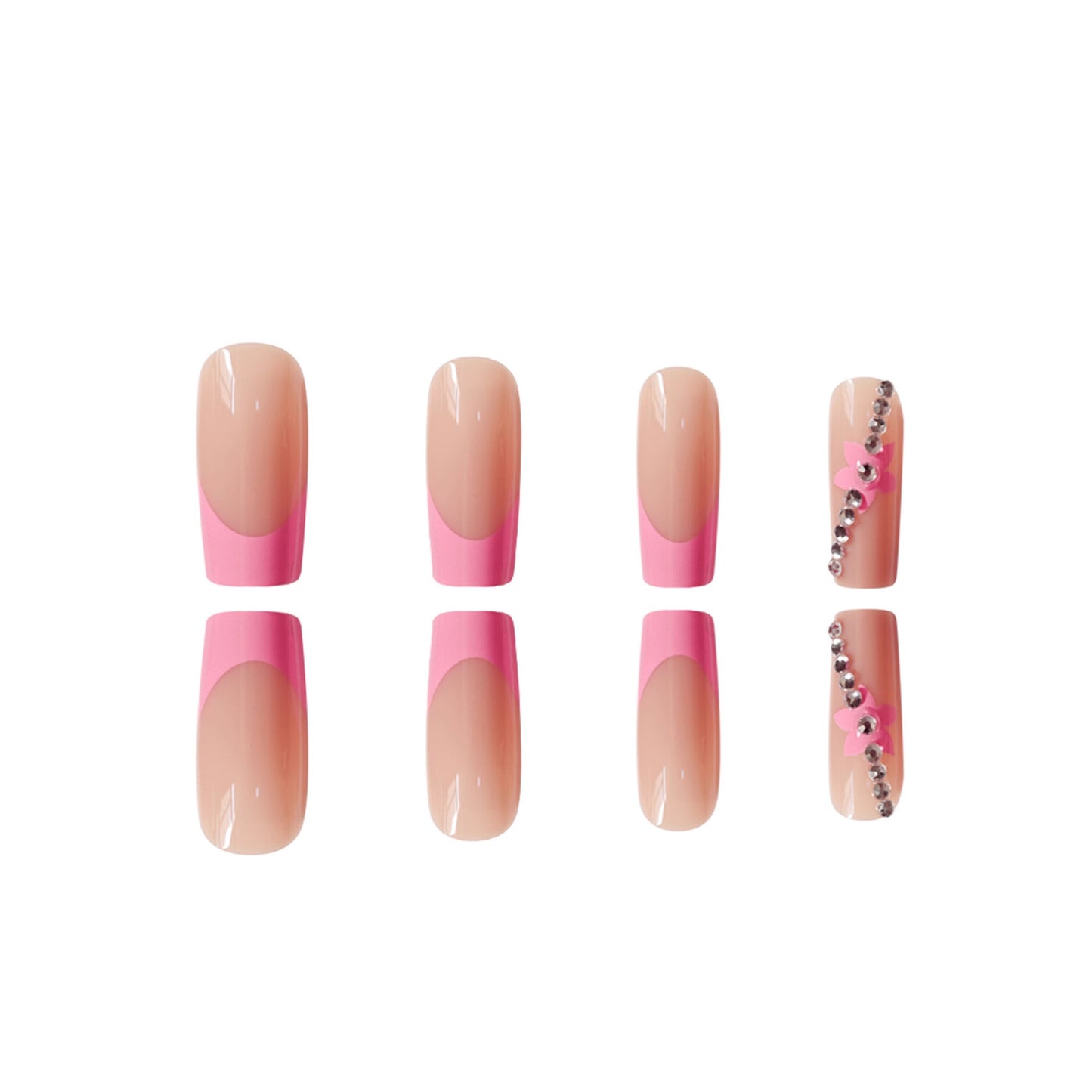 Chic Glamour Elegant Long Square Peach and Pink Design with Rhinestone Accent Press on Nail Set