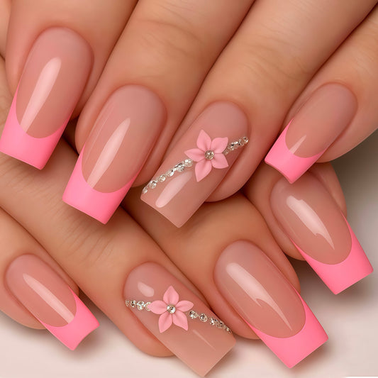 Blossom Dreams Long Square Pink Gradient Press-On Nail Set with Floral and Gemstone Accents