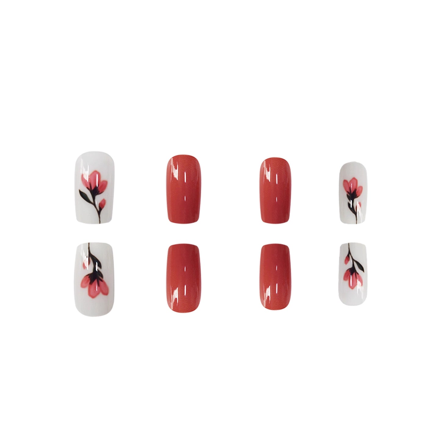 Blossom Elegance Medium Square Red and White Floral Press-On Nail Set