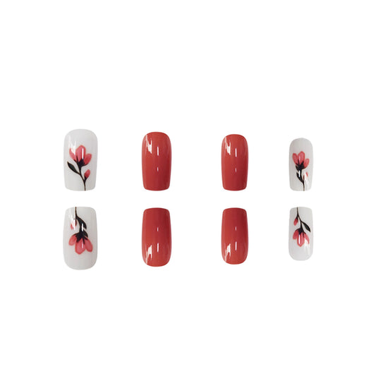 Blossom Elegance Medium Square Red and White Floral Press-On Nail Set
