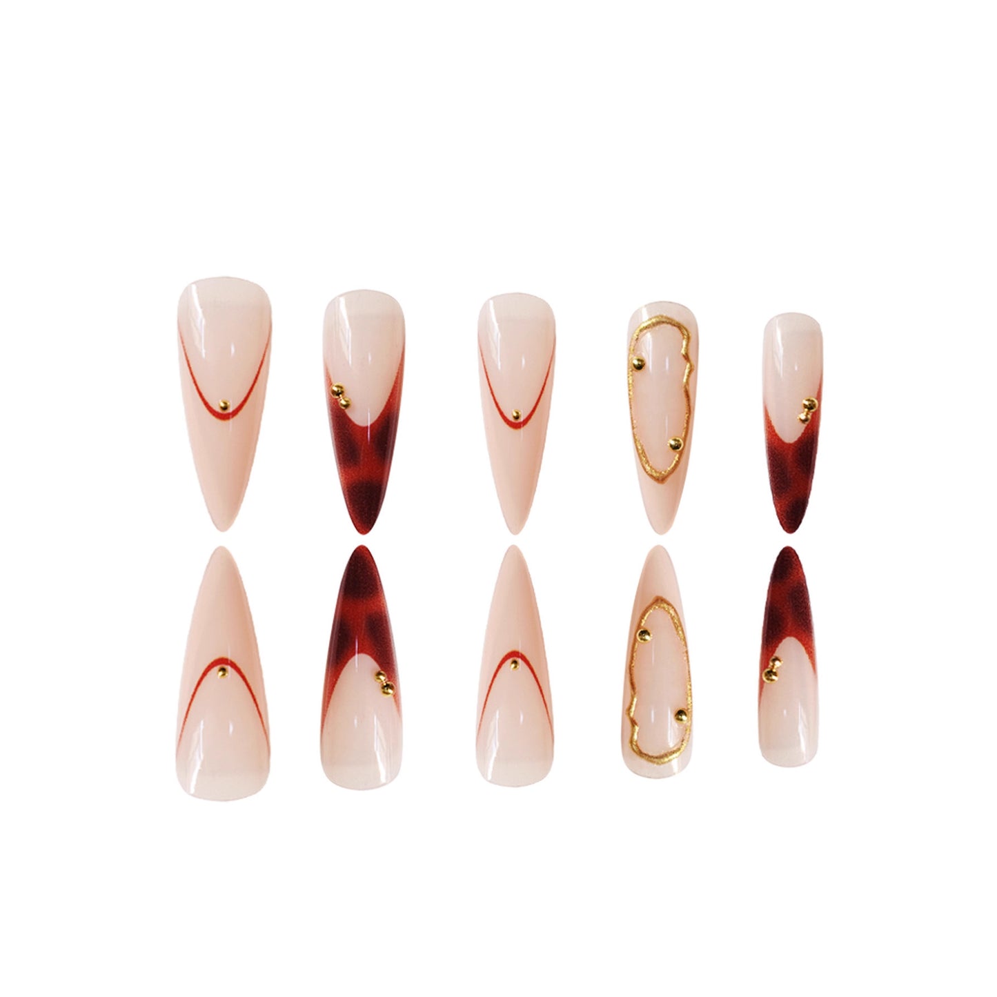 Chic Elegance Long Almond Pink and Burgundy Gradient with Gold Accent Press-On Nail Set