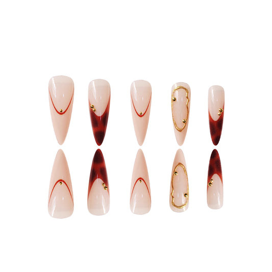 Chic Elegance Long Almond Pink and Burgundy Gradient with Gold Accent Press-On Nail Set