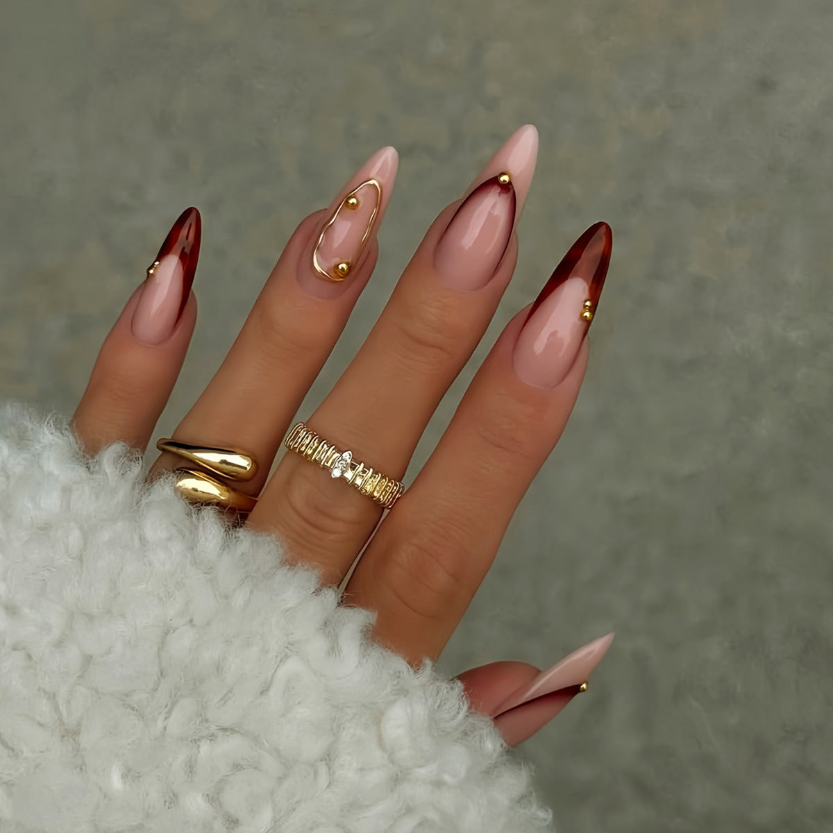 Elegant Autumn Harmony Long Stiletto Gradient Pink and Burgundy Press On Nail Set with Gold Accents
