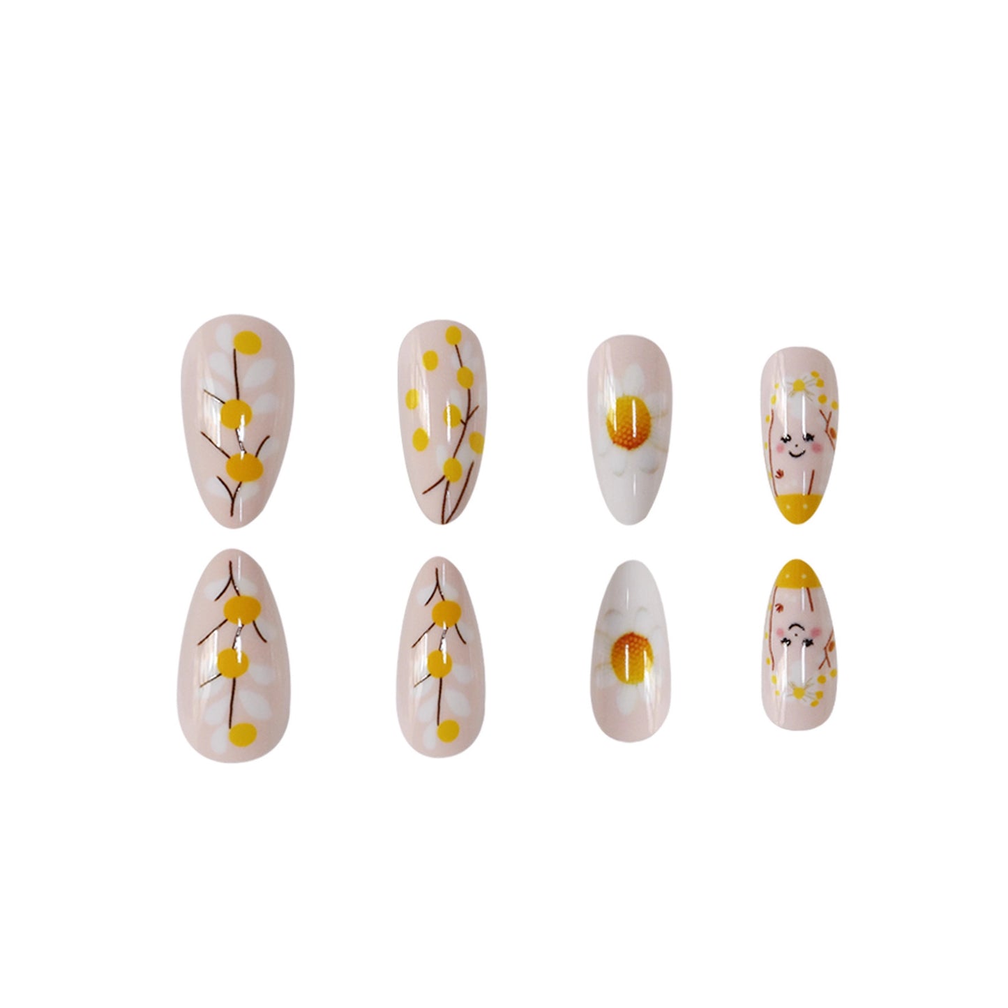 Spring Blossom Chic Medium Almond Yellow Floral Nail Set with Hand-Painted Details