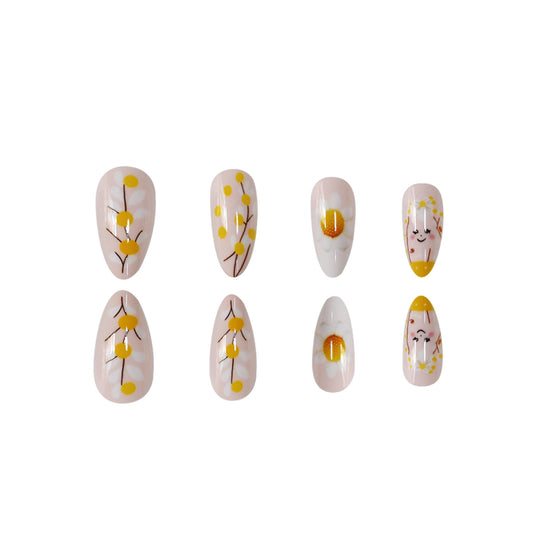 Spring Blossom Chic Medium Almond Yellow Floral Nail Set with Hand-Painted Details